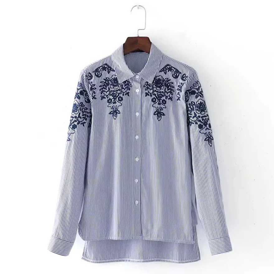 2017 Синий Полосатый Вышивка женщина рубашка Мода отложной воротник с длинным