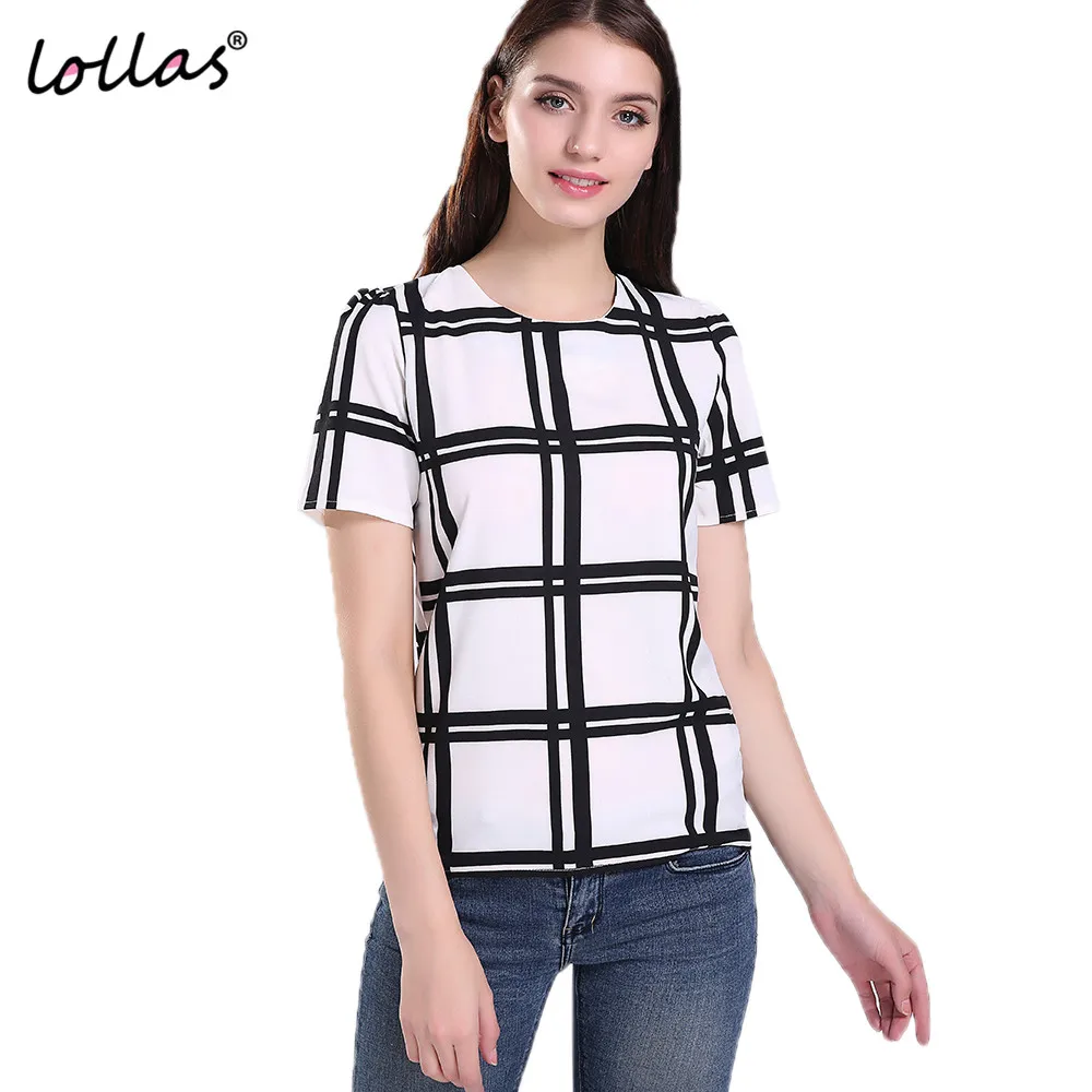 Lollas новая клетчатая Свободная шифоновая блузка с коротким рукавом и круглым