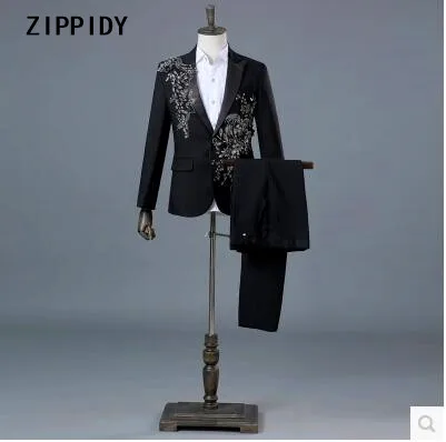 black suit set Новые мужские модные цветочные стразы тонкие костюмы(куртка+ брюки) Dj мужской свадебный певец бар сценический Выпускной Блейзер костюм - Цвет: black suit set