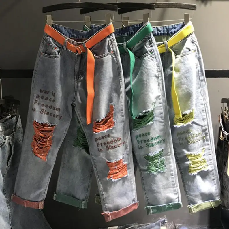 2019 летние новые модные джинсы женские повседневные свободные штаны-шаровары с