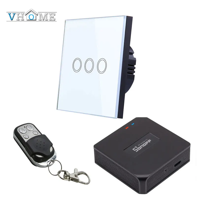 white 3 gang set Vhome сенсорный RF433mhz переключатель, Sonoff RF Wifi мост смарт-панель, ЕС/Великобритания стандарт Wifi управление для Ewelink приложение комплект - Цвет: white 3 gang set