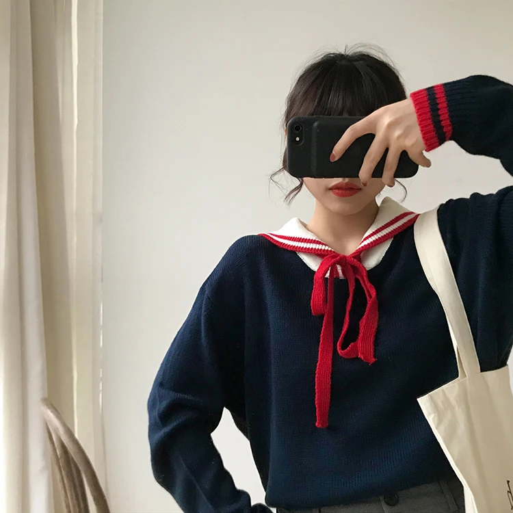 Осень 2019 зима свитеры для женщин harajuku корейской моды личности милый галстук лук