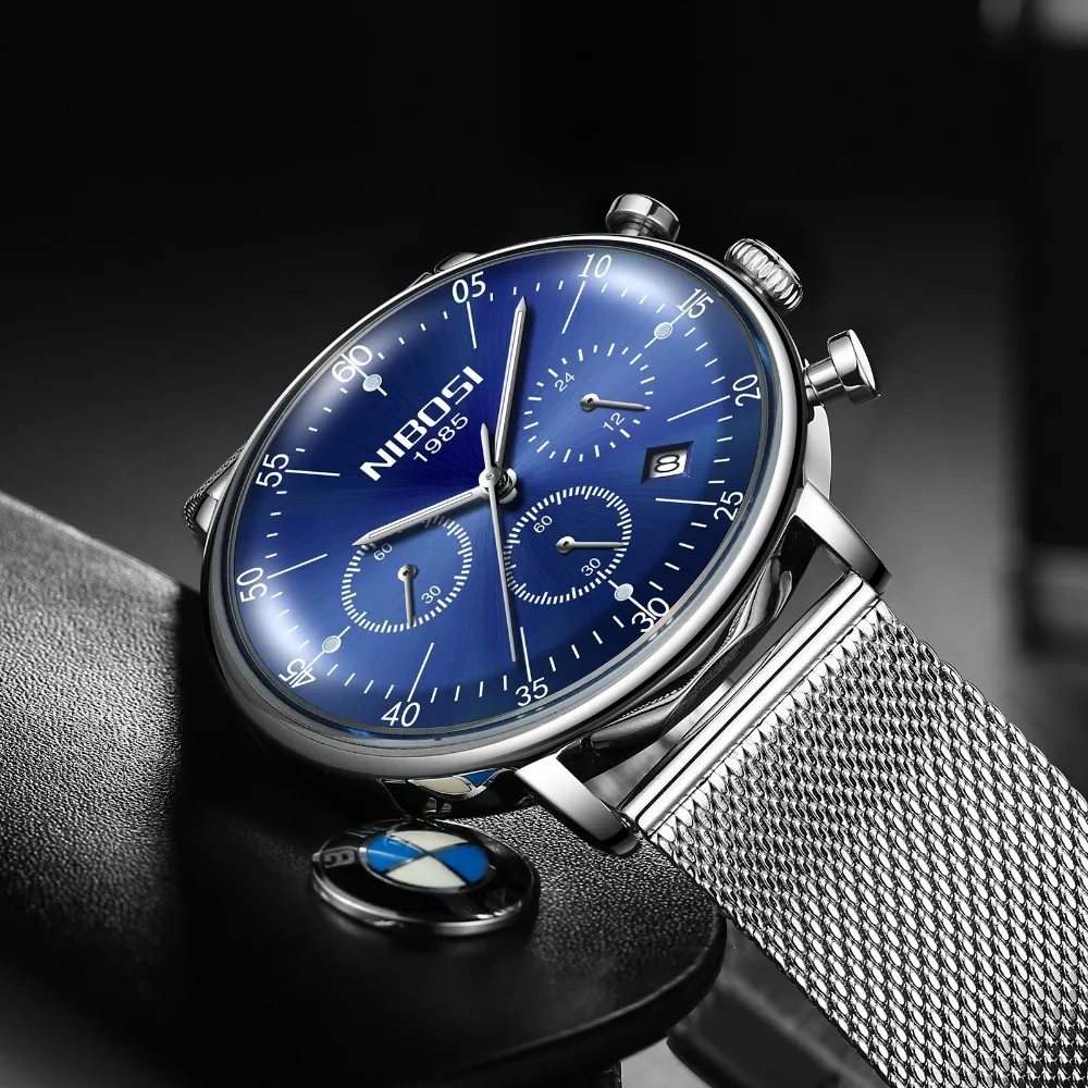NIBOSI Новый Часы с сетчатым Нержавеющая сталь Для мужчин часы класса люкс Арка