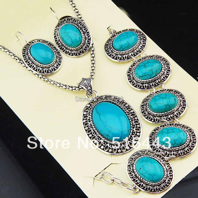 Лидер продаж античное серебро бирюза большие овальные полые серьги браслет