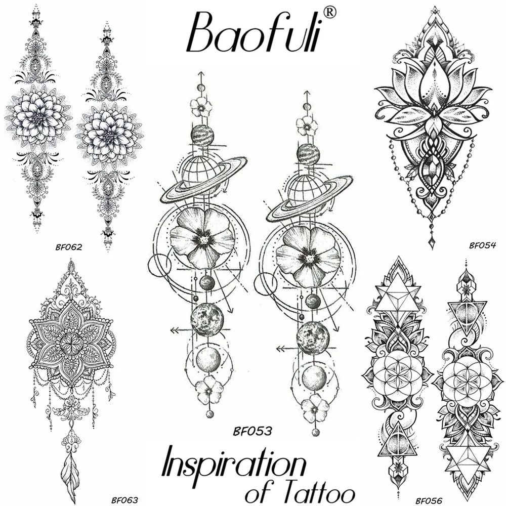 

Временная татуировка BAOFULI для женщин, черная галактика, планеты хны, цветок, водонепроницаемые татуировки, задние ноги, руки, цепи, искусстве...