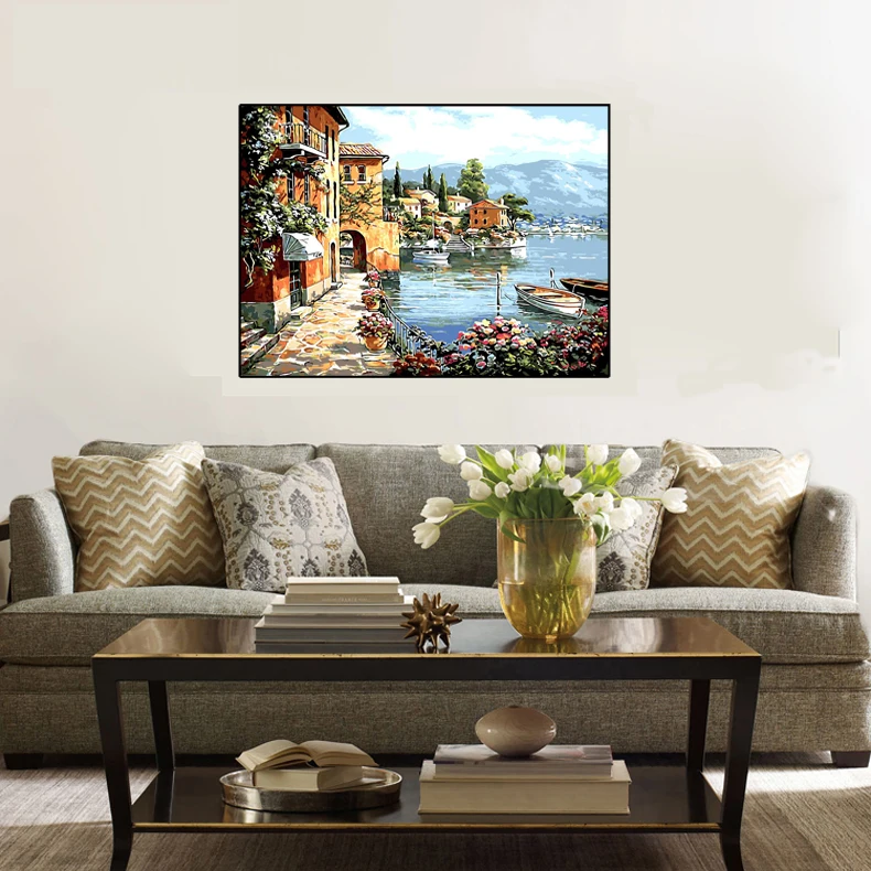 PHKV DIY Frame Painting By Numbers Oil Paint Wall Art Pictures Decor For Home Decoration Modern Landscap Harbor Digital | Дом и сад