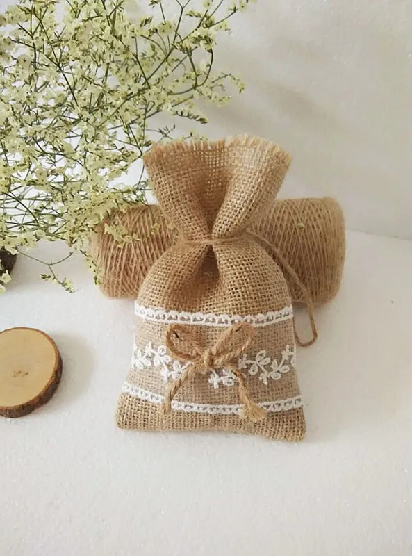 

free shipping DIY handmade Jute bag wedding lace candy bag Branch leaf Bow bag