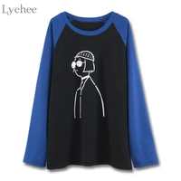 lychee spring autumn women t shirt character patchwork casual loose long sleeve t shirt tee top streetwear