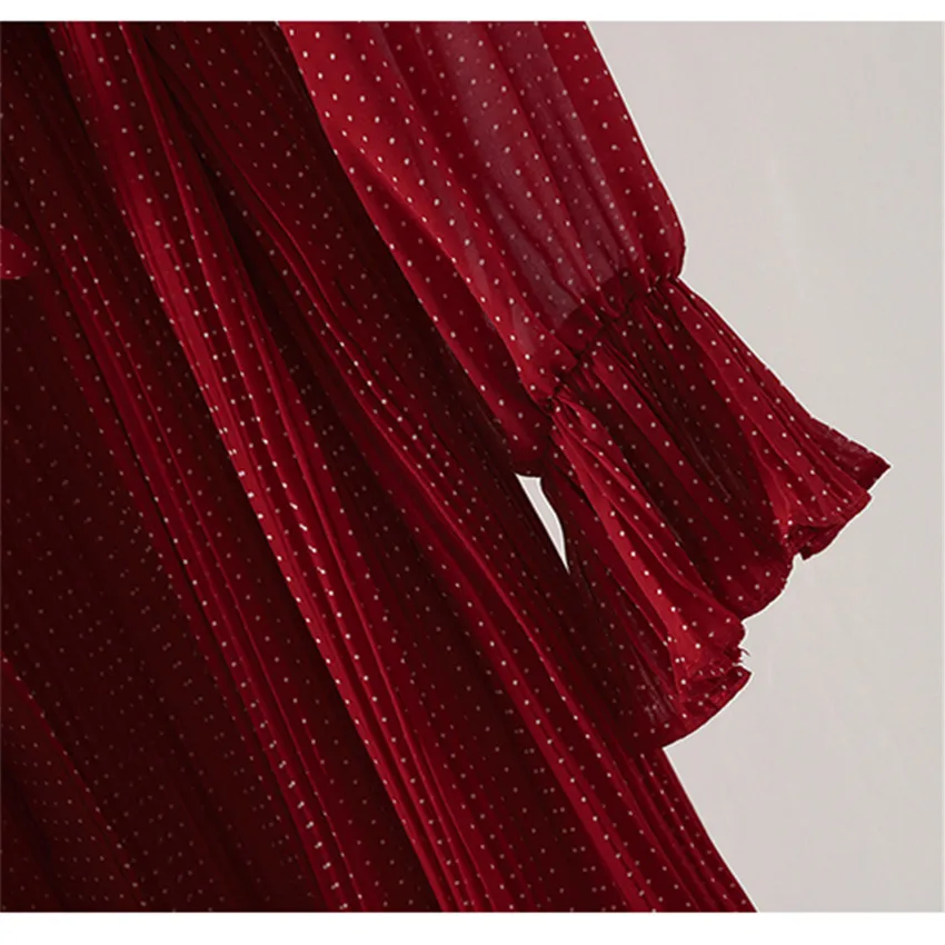 

New Fashion Elegant Autumn Women Chiffon Pleated Dresses Long Sleeve Polka Dot Dress Midi Long Dress Vestidos Bottomings WZ830