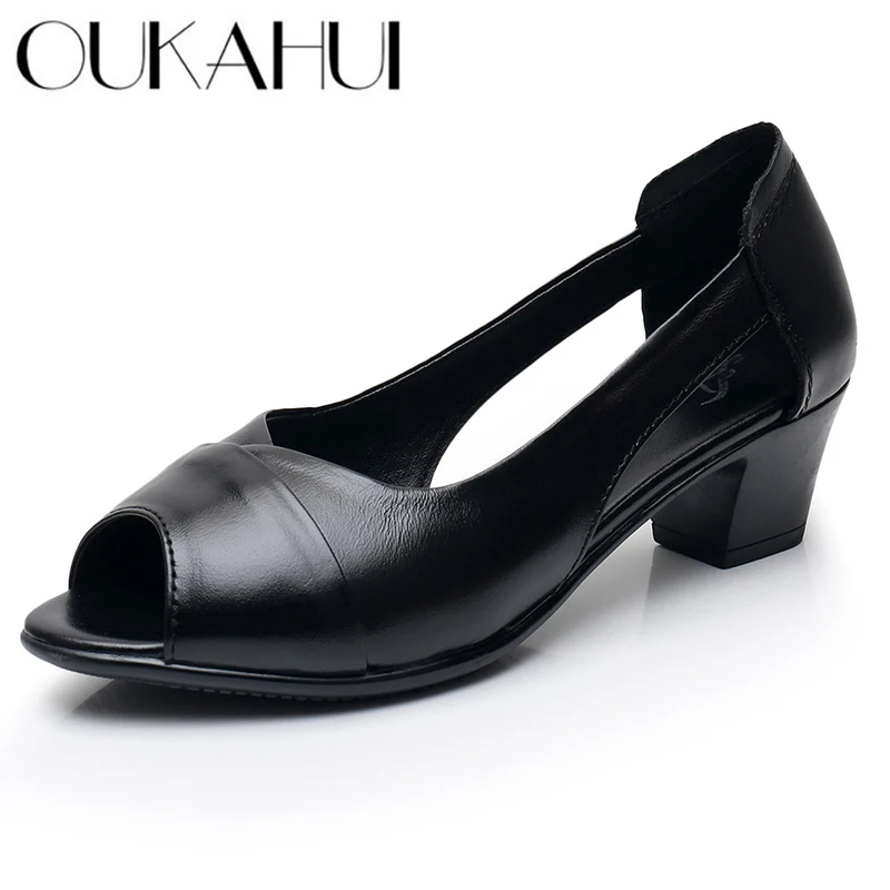 

OUKAHUI Summer Classic Elegant Genuine Leather Women'S Sandals Medium Heel Sexy Peep Toe Square Heel Ladies Casual Sandals Lady