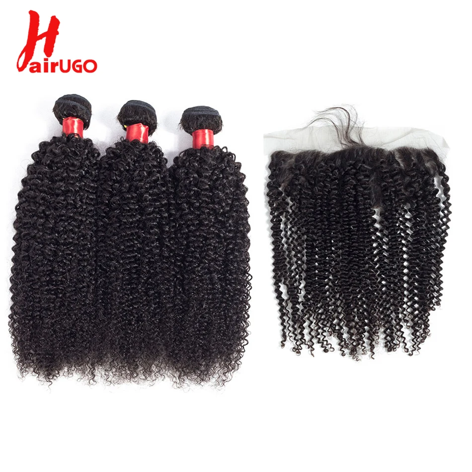 HairUGo бразильский пряди кудрявых волос с фронтальной 3 шт кружева закрытия пучками
