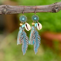 tophanqi bohemia vintage bronze flower dangle earrings for women ethnic leaf shell beads blue cloth tassel drop earring jewelry