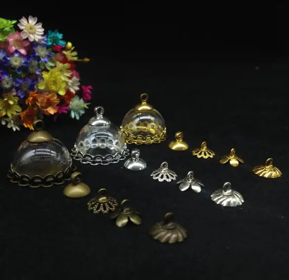 

100ets/lot 18mm half round glass dome cover double lace base beads cap set glass vial pendant handmade diy glass globe necklace