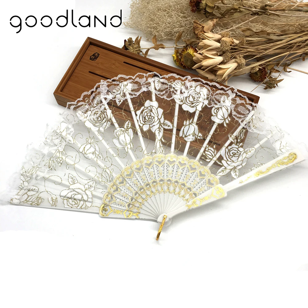 Free Shipping 10pcs Luxury Rose Pattern Glitter Floral Lace Hand Fan Party Dance Folding Kraft Gifts | Дом и сад