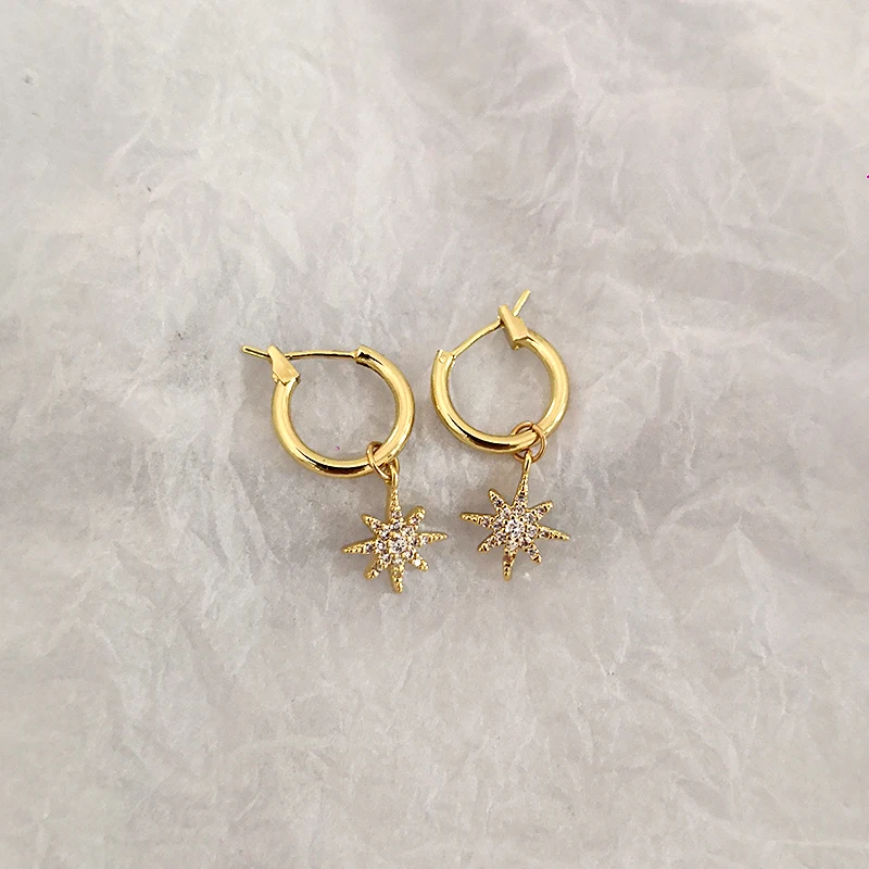 Peri'sBox Eight-Pointed Star Dainty CZ Huggie Hoop Earrings for Women Cubic Zirconia Cross Pendant Earrings Charm Hoops