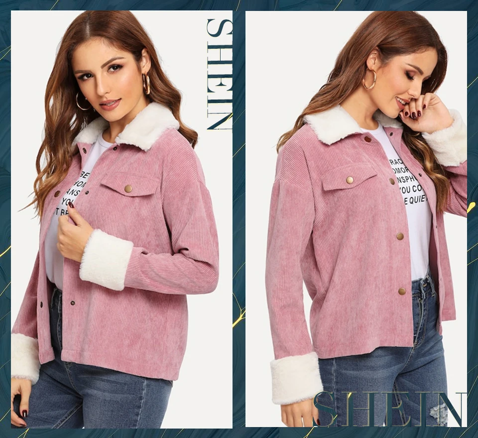 SHEIN Вельветовая Куртка С Контрастным Эко Мехом Женская Осенняя Повседневная Куртка С Длинными Рукавами И Карманами