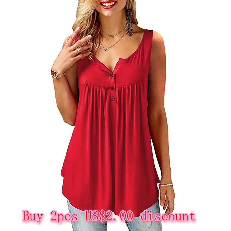 Лето 2018 Женская Повседневная футболка без рукавов на пуговицах с разрезом шее