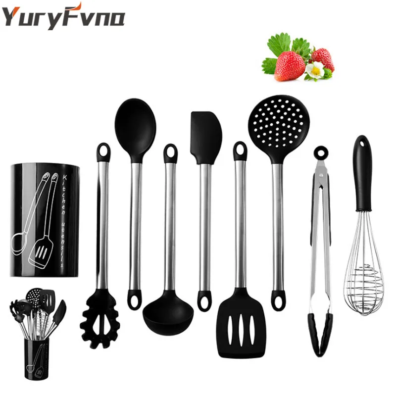 YuryFvna набор силиконовой кухонной утвари, набор из 8/9 предметов, кухонная утварь с антипригарным покрытием, посуда из нержавеющей стали, ложка, венчик, сервировочный Тонг