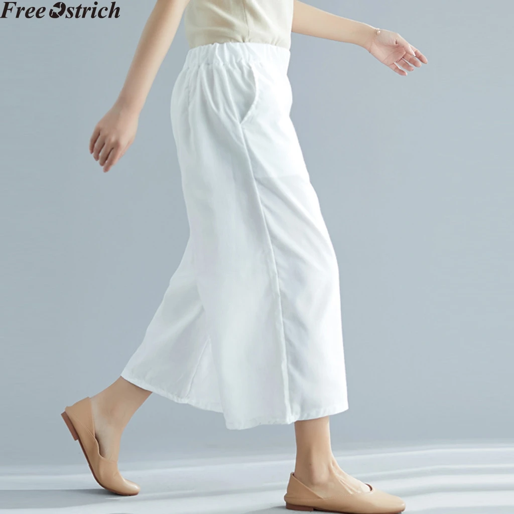Women cotton linen loose casual trousers plus size summer solid color wide leg pants ladies black high waist elastic | Женская одежда