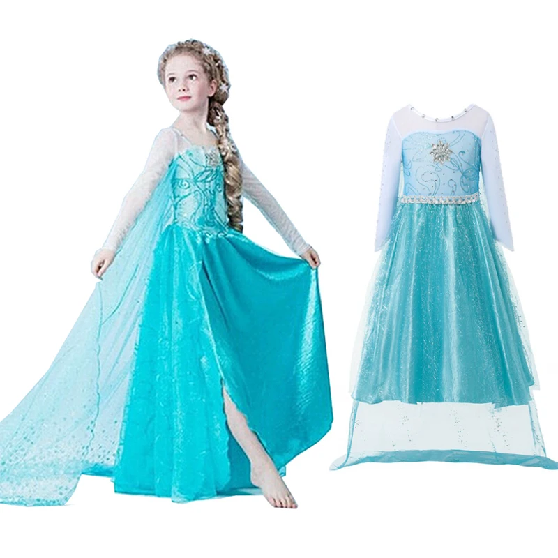 3-10T Girls Elsa Dress Snow Queen Clothes Cartoon Party Cosplay Costume Kids Long Sleeve Glitter Cloak Princess With Cape | Детская