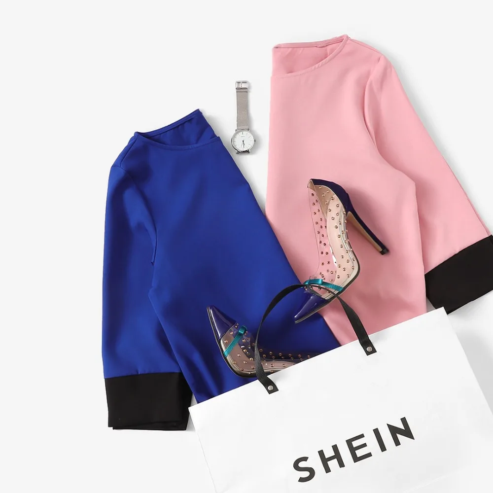 SHEIN розовая Офисная Женская туника с контрастной отделкой и круглым вырезом, 3/4 рукав, прямое платье, осенняя рабочая одежда, элегантные женские платья