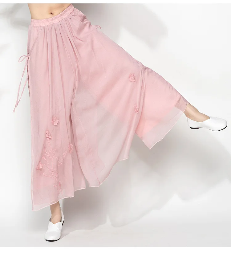 Vintage Floral Embroidery Multi-layer Wide Leg Pants Women Loose Chiffon Skirt Trousers 4 Color plus size Slacks pantalones