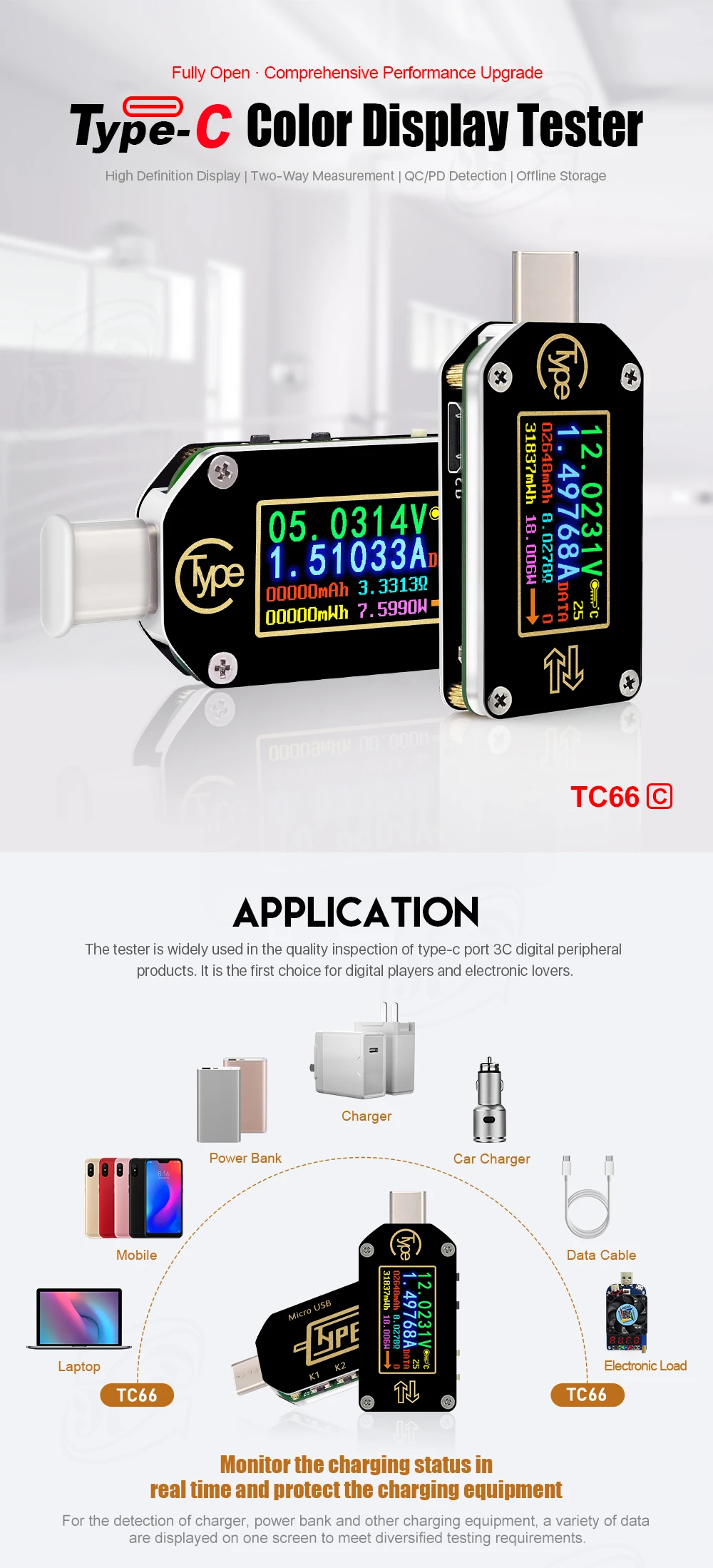 RD TC66/TC66C type-C PD триггер USB-C Вольтметр Амперметр Напряжение 2 способ измеритель тока мультиметр PD зарядное устройство батарея USB Тестер