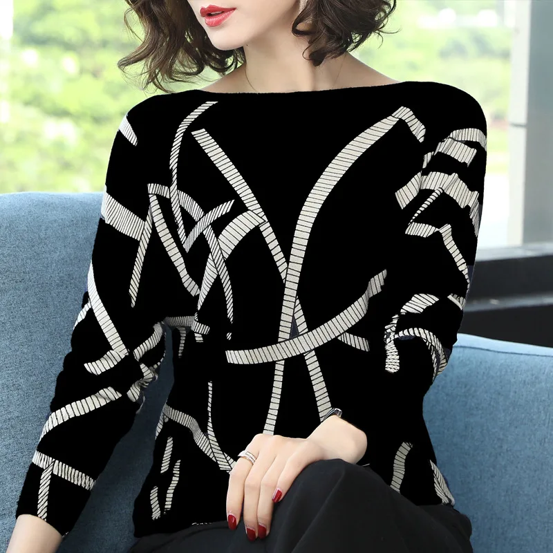 2020 Autumn Loose Sweater Geometric Print Block O Neck Women Pullover Knitwear Jerseys and Sweaters Long Sleeve Knitted | Женская одежда
