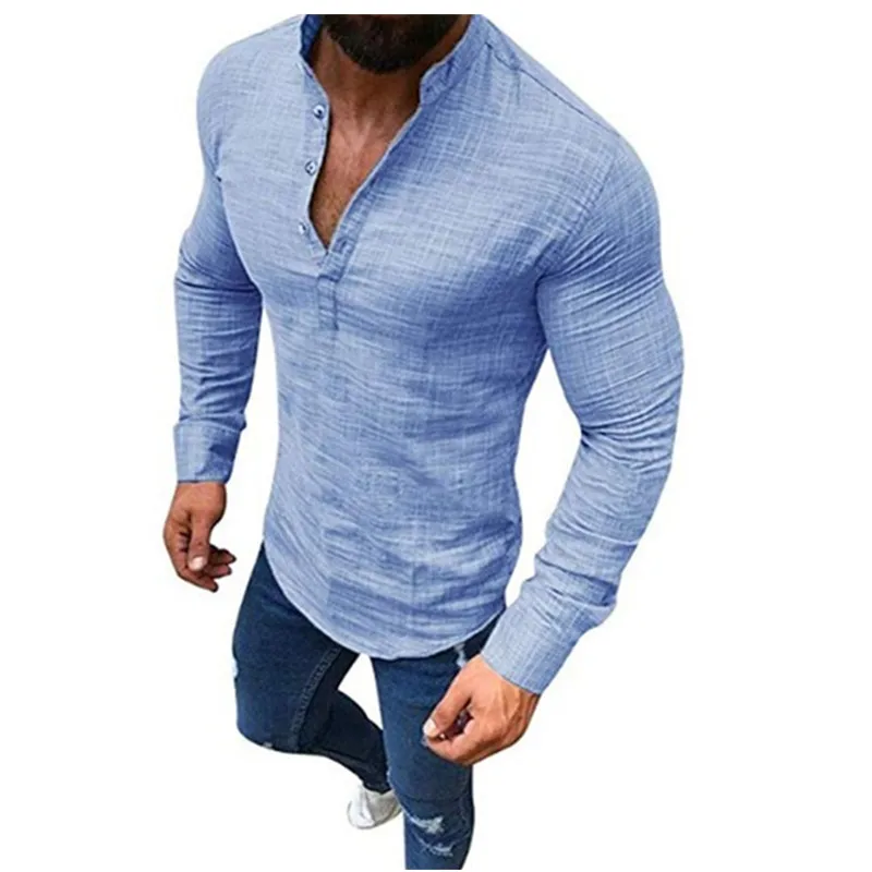 Хлопковая льняная рубашка с длинным рукавом и v образным вырезом на пуговицах