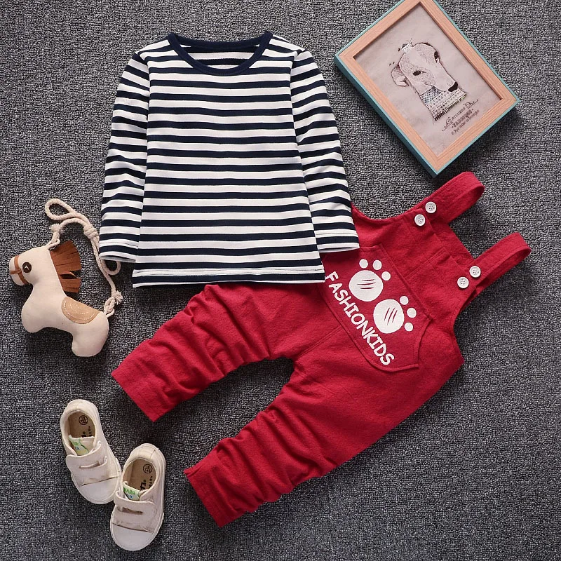 BibiCola spring autumn children boys clothing sets kids striped tops+overalls pants clothes suit for baby tracksuit outfits |