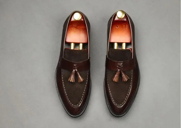 

Loafers dress shoes men slip on genuine leather patchwork nubuck tassels smart casual shoes flats formal sewing business loafer