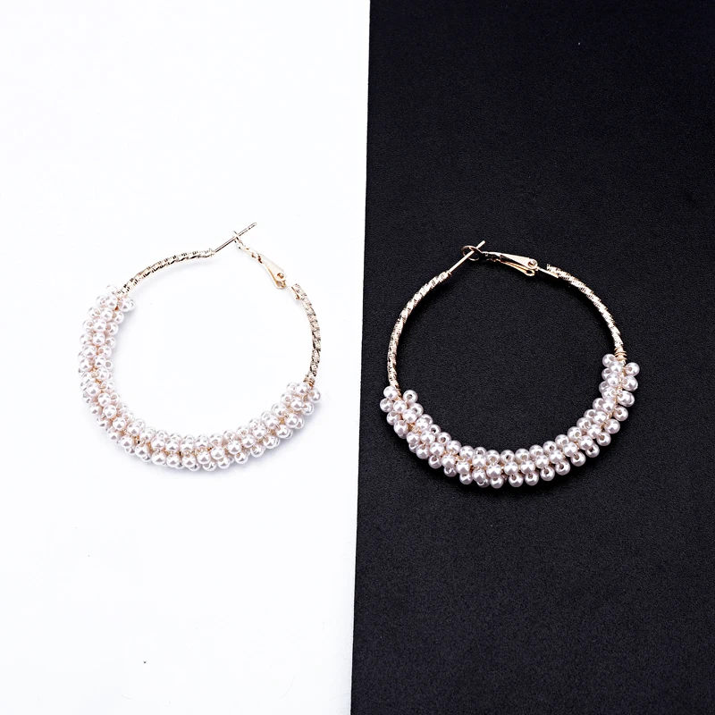 1Pair Bohemian White Small Bead Gold Color Big Hoop Earrings For Women Fashion Endless Round Earings Jewelry Grandes E395-1 | Украшения и
