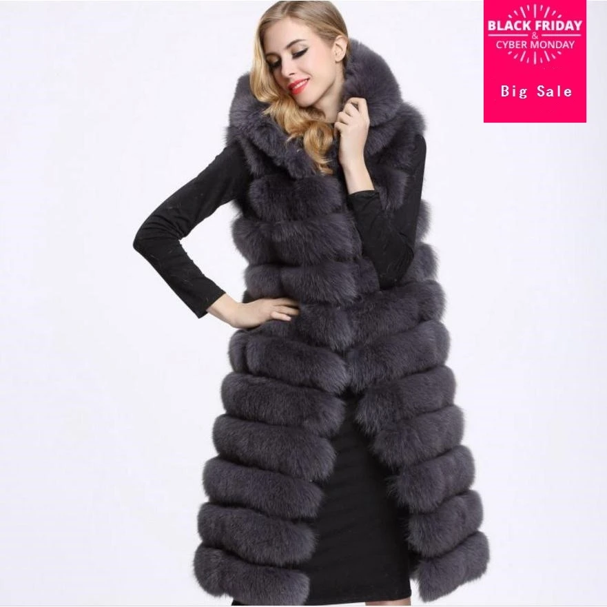 Женский зимний жилет с капюшоном, из искусственного лисьего меха