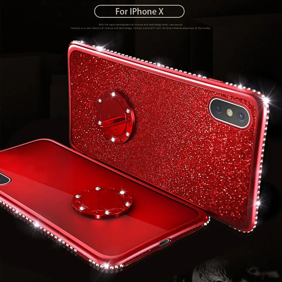 Diamond кольцевой магнитный держатель Case для iphone X XR XS MAX 7 Plus 6s крышка блеск samsung