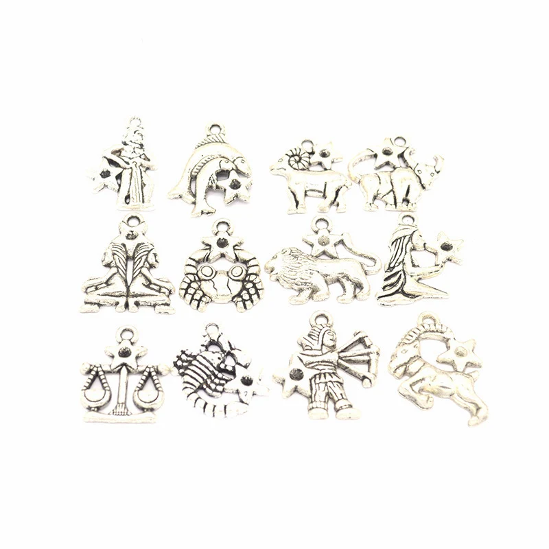 Antique Silver 12 шт./лот, античная бронза/серебро, 12 знаков зодиака, подвески, украшения ручной работы, винтажные Подвески для изготовления ювелирных изделий своими руками - Окраска металла: Antique Silver