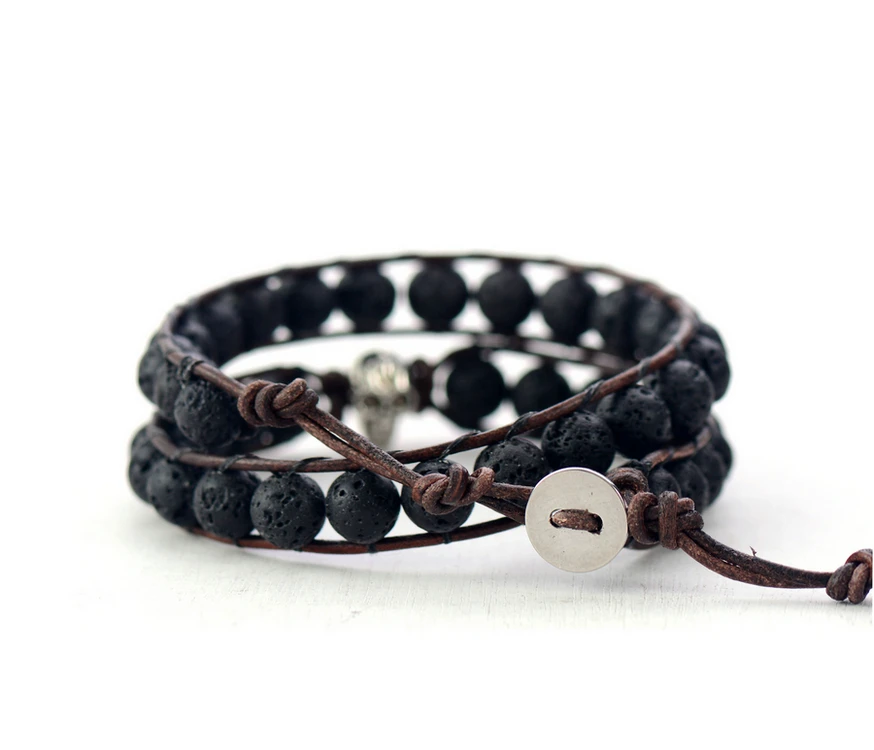 Мужской кожаный браслет 8 мм лава камень череп панк браслеты винтажный плетеный