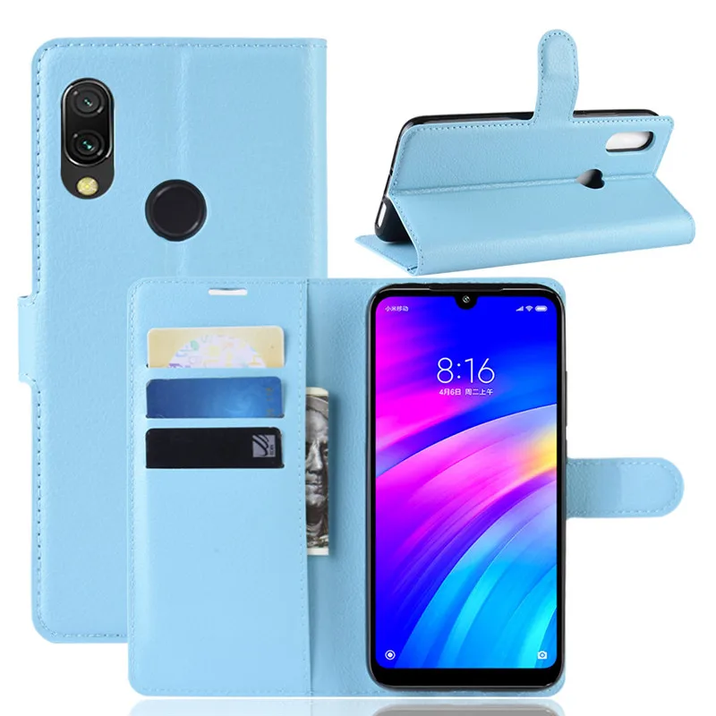 Кожаный чехол для Xiaomi Redmi 7, чехол из искусственной кожи, мягкий ТПУ с отделениями для карт, с рисунком личи, флип-кошелек, чехол для телефона Redmi 7, чехол