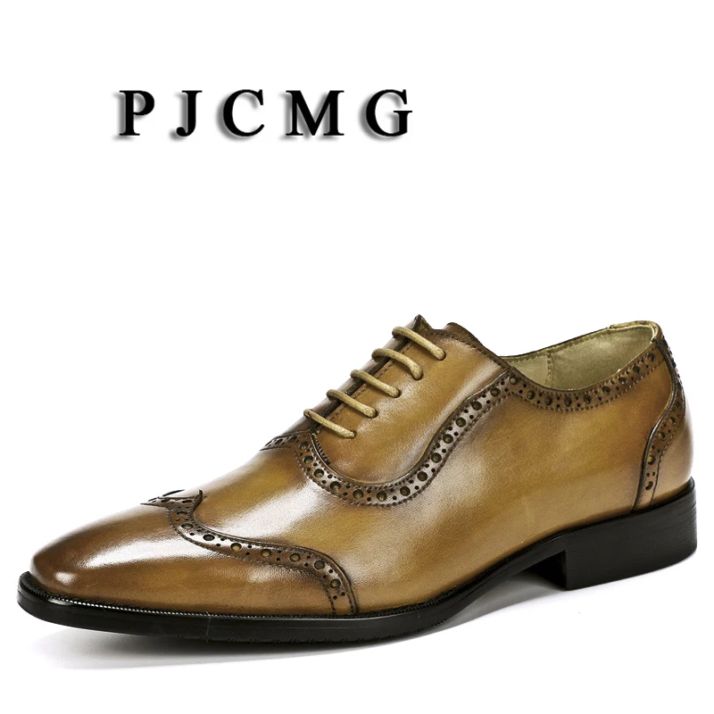 

PJCMG Fashion Men Oxford Black/Brown Lace-Up Pointed Toe Solid Office Genuine Leather Carved Dress Size 38-46 Wedding Male Shoes