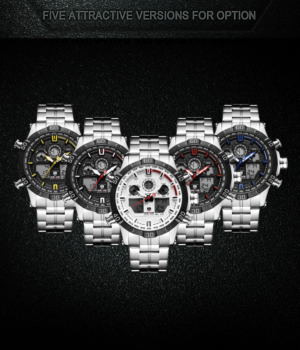 WEIDE кварцевые спортивные наручные часы, повседневные настоящие мужские часы, брендовые Роскошные мужские часы из нержавеющей стали, цифровые светодиодные часы с датой