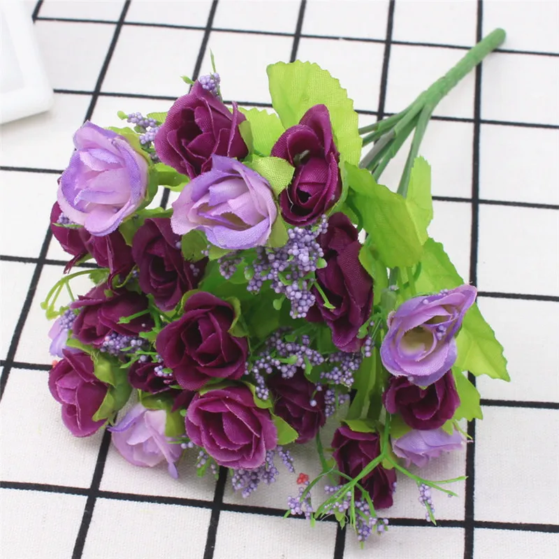 Purple 21 головок/Шелковый букет, мини-букет из искусственных роз, декоративный цветок для свадьбы, украшения дома, вечерние украшения для дня рождения - Цвет: Purple