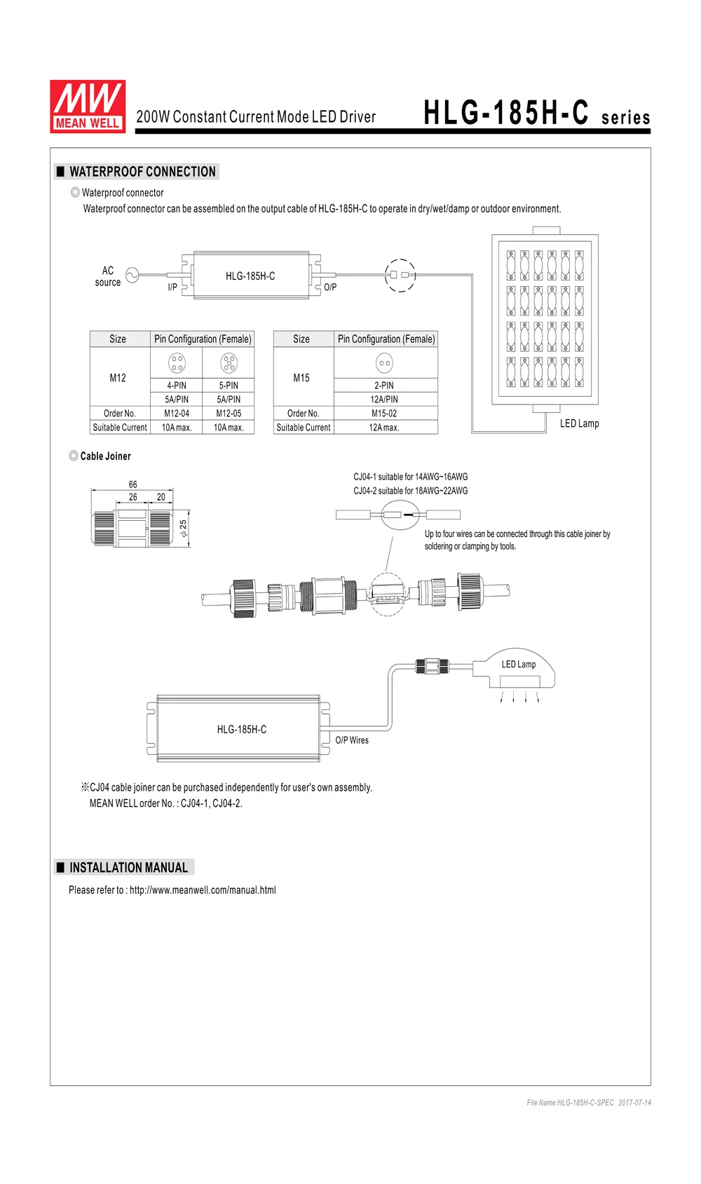 MEAN WELL Светодиодный источник питания постоянного тока HLG-185H-C1400B 71-143 в 1400ма 200 Вт PFC Водонепроницаемый светодиодный Диммируемый драйвер 1400mA
