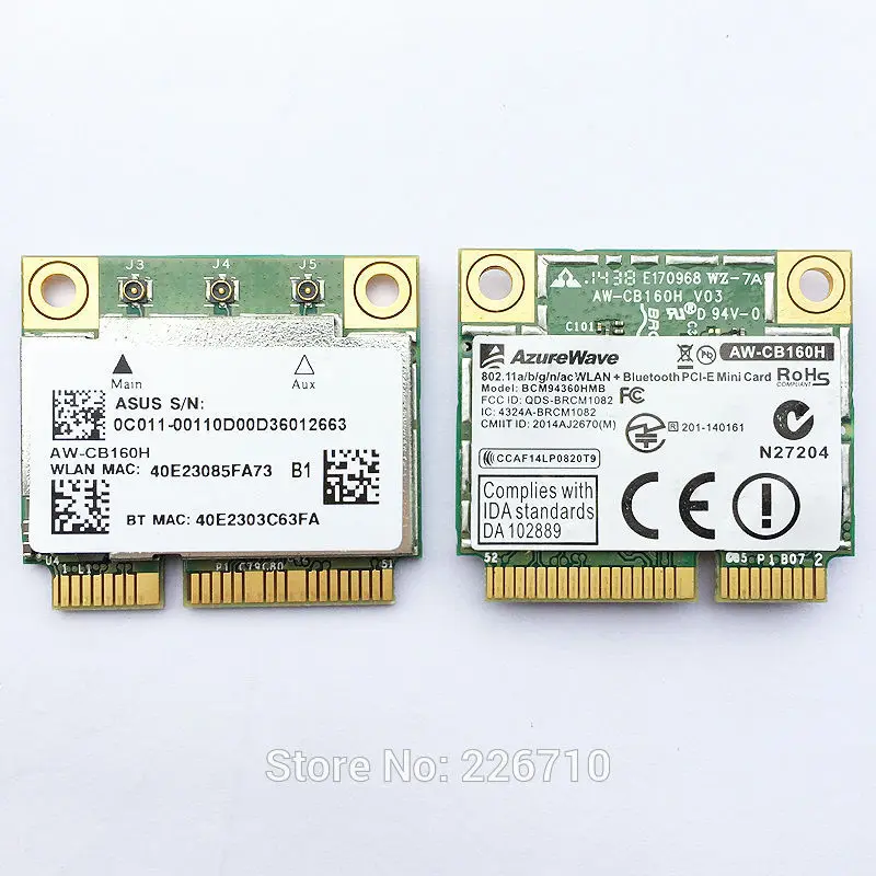 Мини карта PCI E Azurewave 1300 Мбит/с для антенн 802 11 abgn/11ac Wi Fi + BT Bluetooth 4 0 Broadcom BCM94360HMB 3X с