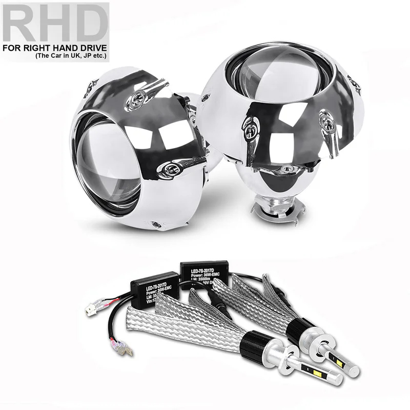 RHD with led bulb 2 шт. 2,5 дюймов универсальный би ксенон HID объектив проектора с серебряными кожухами H4 H7 мотоцикл стайлинг фары объектив проектора - Цвет: RHD with led bulb
