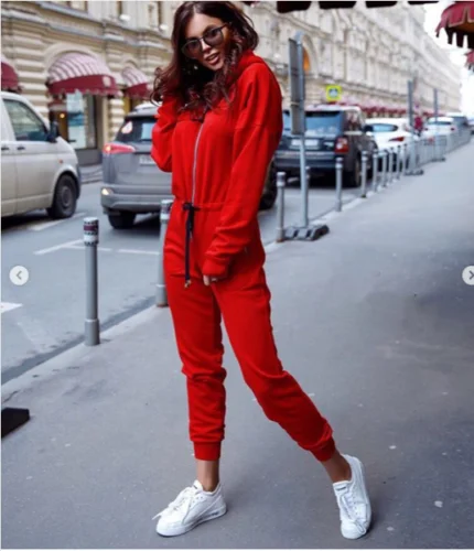 Women Autumn Casual Hooded Long Sleeve Drawrsing Loose Jumpsiut Ladies Solid Zipper Pocket Jumpsuits | Женская одежда