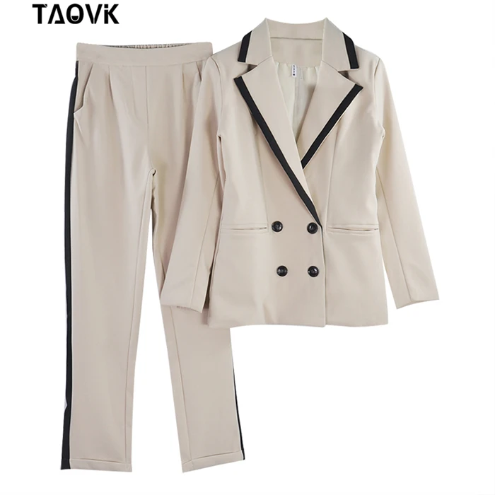 TAOVK рабочие брючные костюмы OL комплект из 2 предметов для Женщин Colorblock воротник двубортный блейзер и прямые брюки офисный женский костюм
