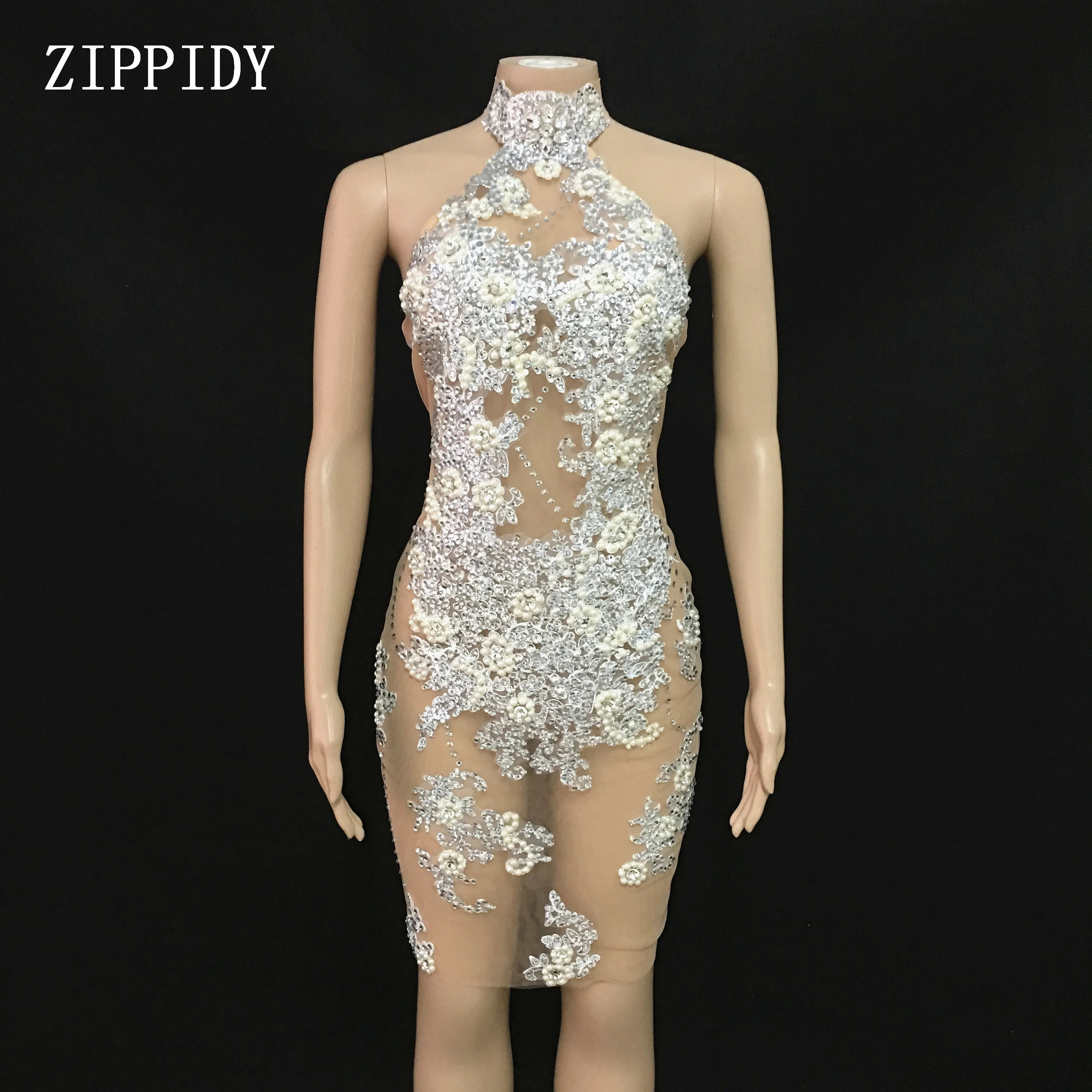 

Mesh Perspective Silver Rhinestones Pearls Dress Evening Party Sexy Dresses Birthday Dress Costume Singer Performance Outfit
