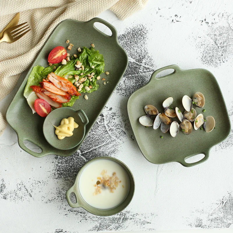 

Japanese bronze green plate with handle ceramic tableware household long fish dish soup steak salad bowl dish