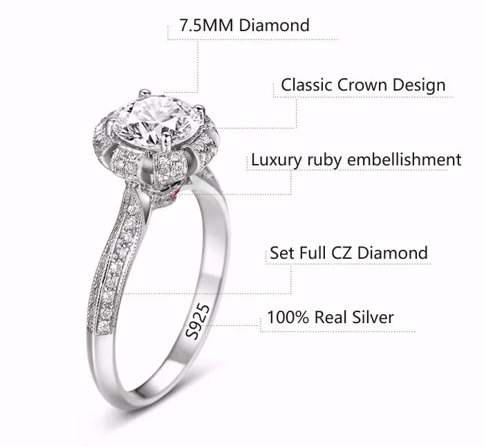 Choucong Настоящее твердое серебряное кольцо инкрустация натуральное подарок