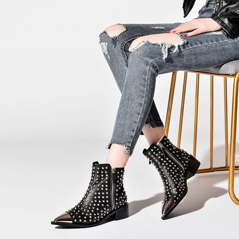 

brand design genuine leather ankle boots for women cowgirl boots woman metal rivets pointed toe punk riding boots botas mujer