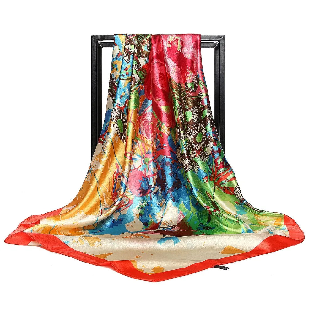 2018 Spring Summer Fashion Square Scarf Women Simple Flower Hijab Foulard Luxury Brand Head Scarves 90*90cm Shawl Wraps | Аксессуары для